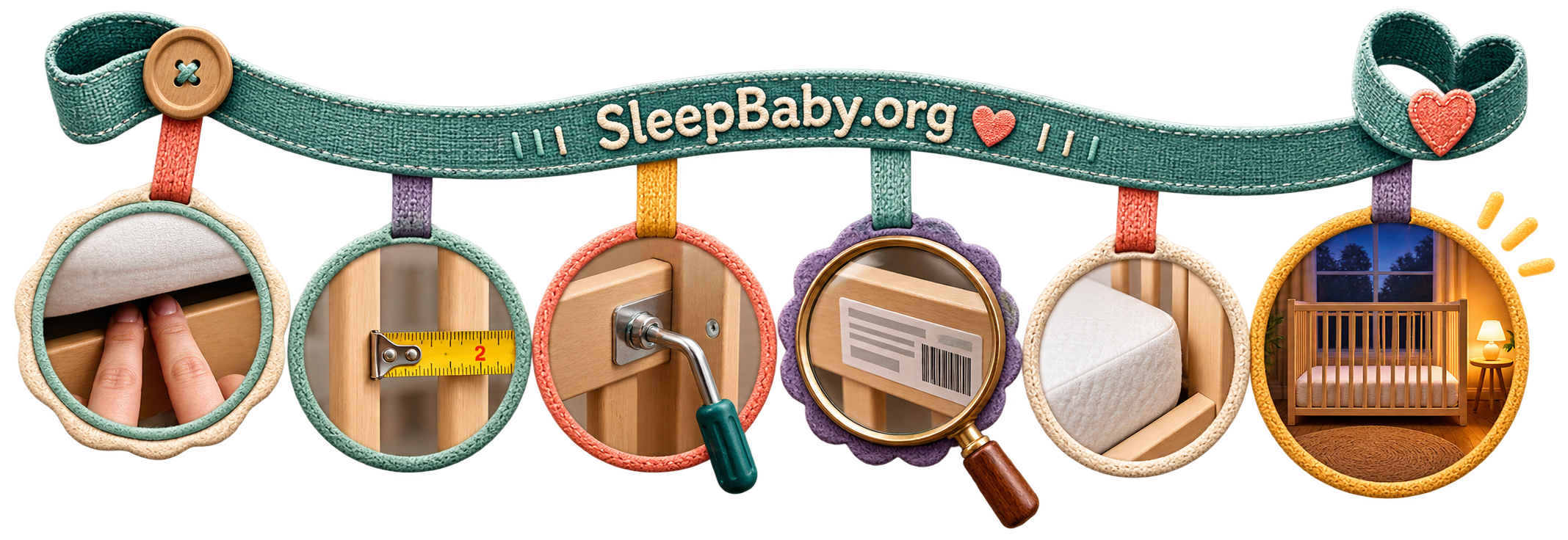 Teal rail maps the mattress gap, slat spacing, hardware, model label, and empty crib.