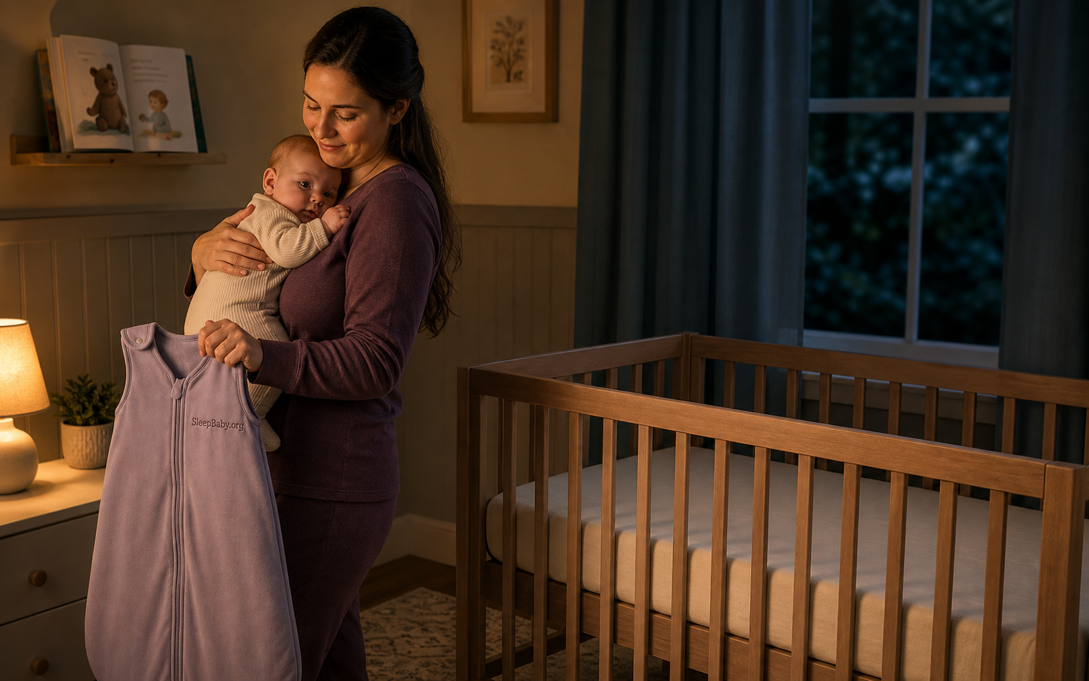 Caregiver holds a baby and sleep bag beside a bare crib with its mattress lowered.