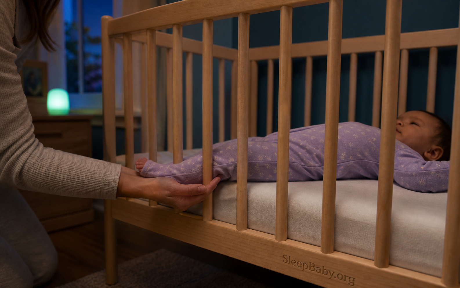 A caregiver supports an awake baby's lower leg as one pajama-clad foot rests between intact crib slats in an empty dusk-lit crib.