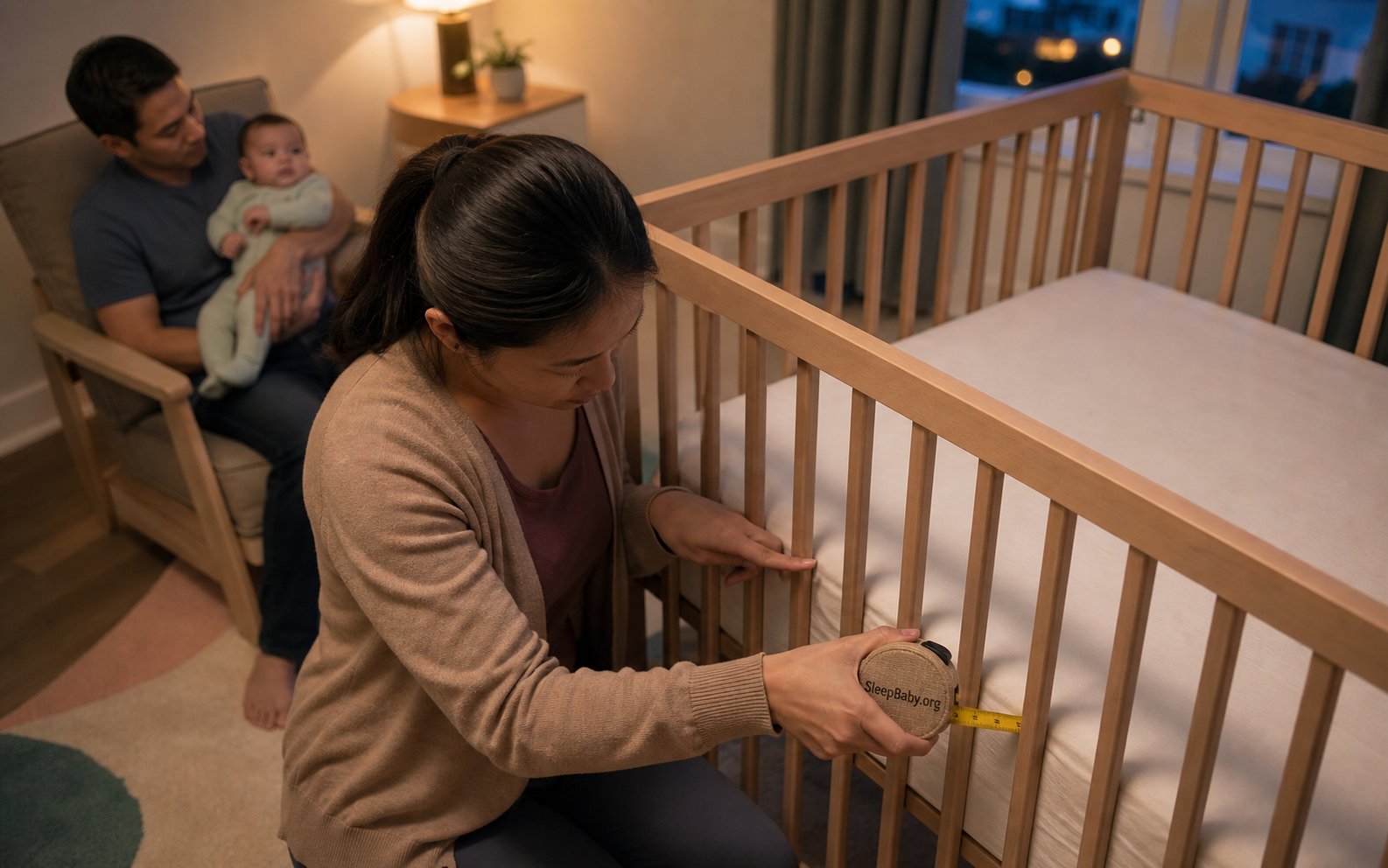 Caregiver measures crib slats while the baby is held safely away from the empty sleep space.
