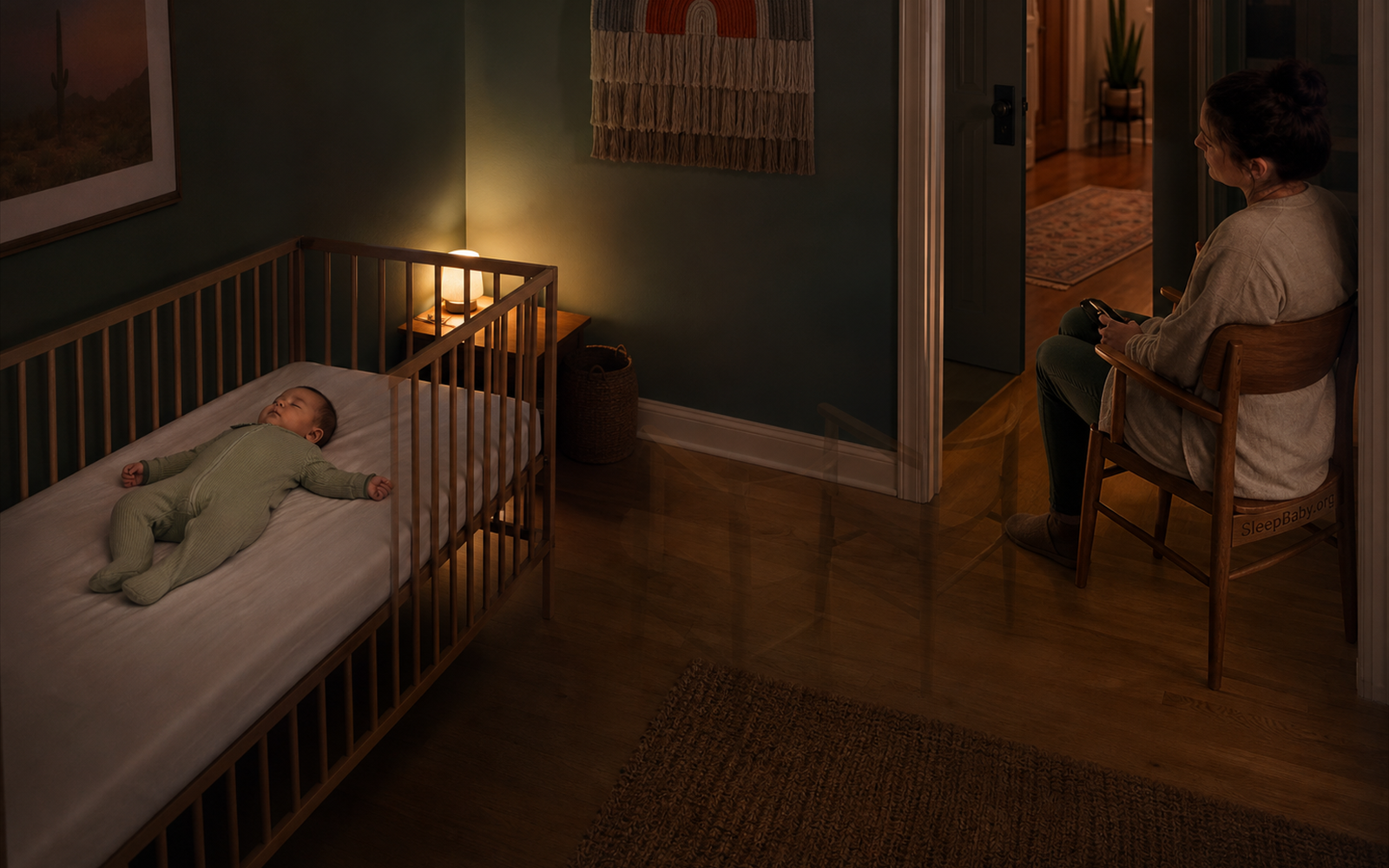 A baby sleeps on the back in a bare crib while a caregiver sits by the doorway and fading chair impressions mark gradual presence