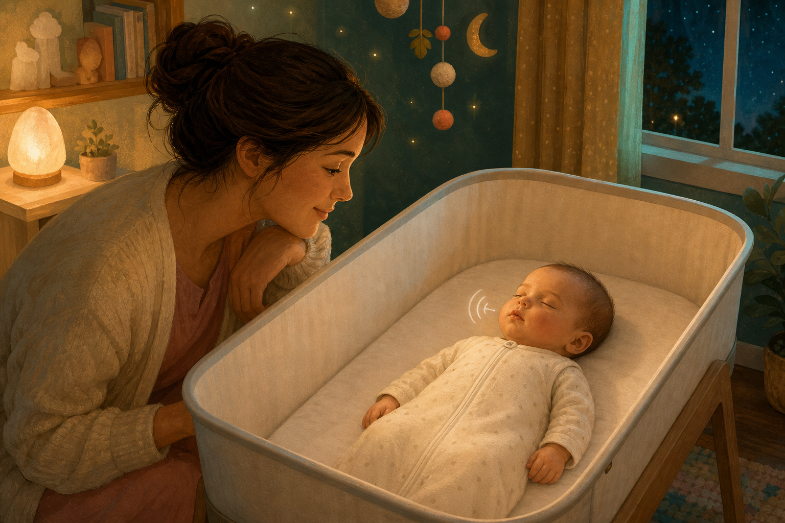 Back-sleeping baby in an empty bassinet as a caregiver watches breathing beside a warm night light