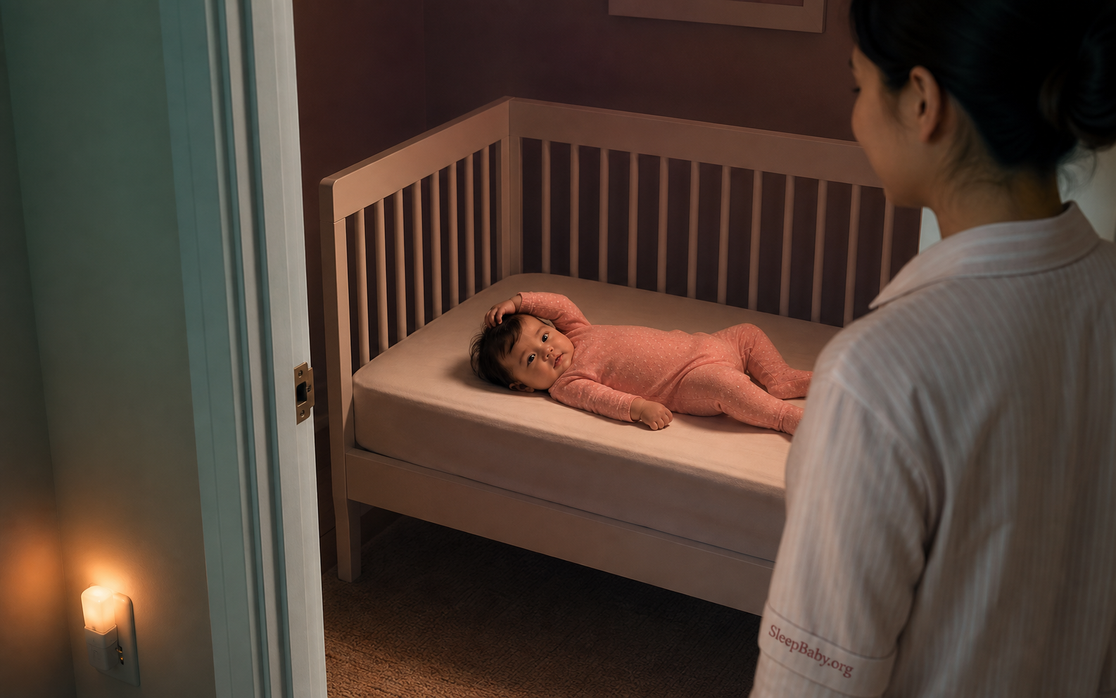 Caregiver watches a drowsy awake baby rest one hand lightly in her hair in a bare crib.