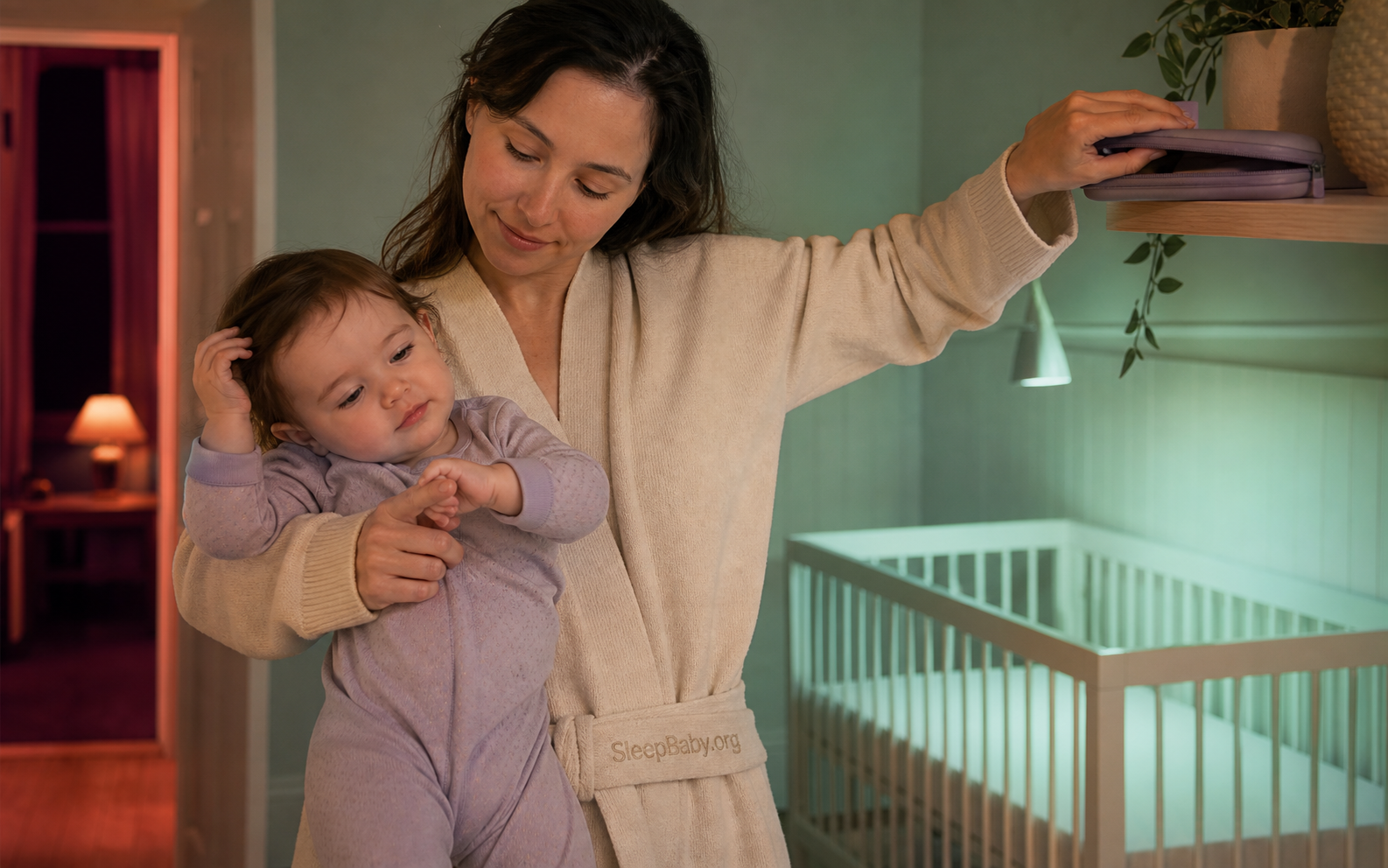 Caregiver offers one finger, closes a grooming case high away, and holds a drowsy baby beside a bare crib.