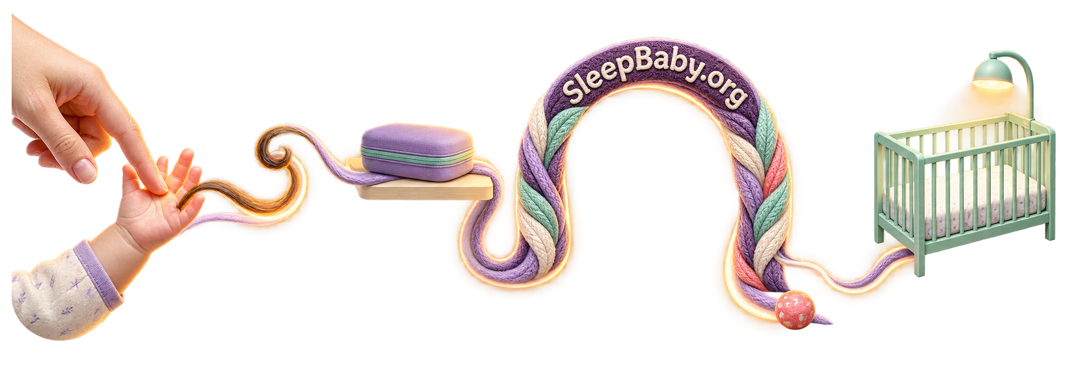 Transparent lavender rail carries an awake hand and hair curl past stored grooming gear to an empty crib.
