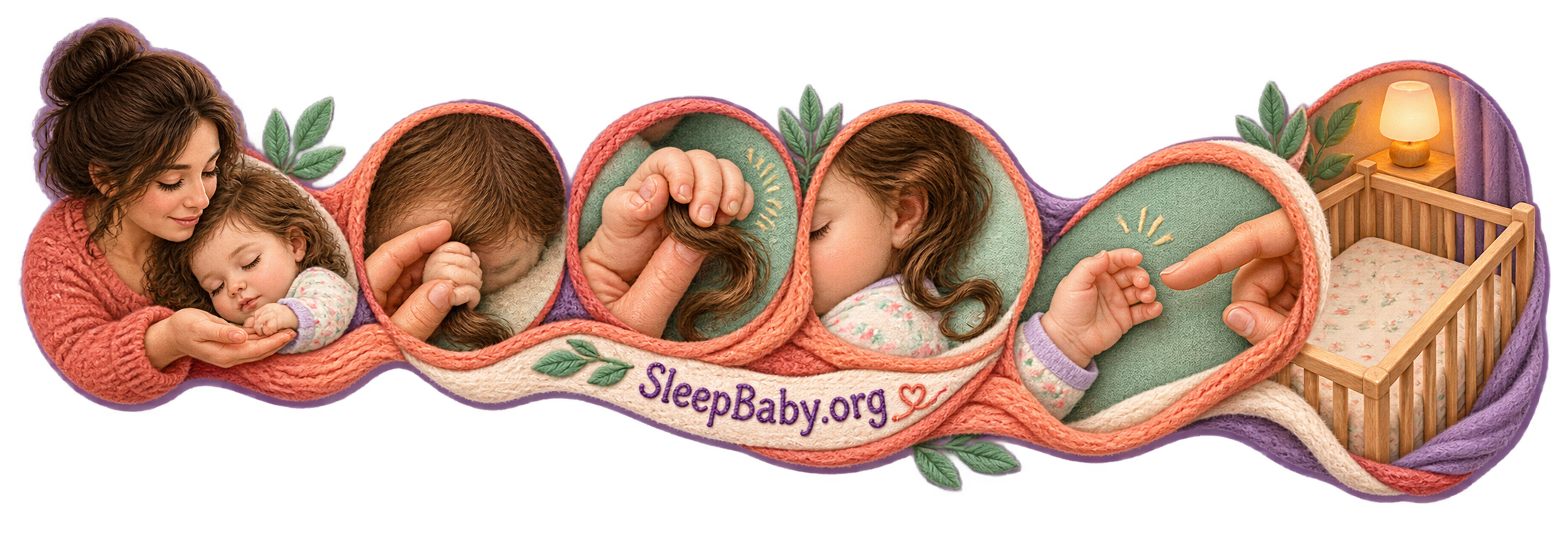 Transparent coral-and-mint rail moves from a supported hair grip through one opened finger to a clear crib.