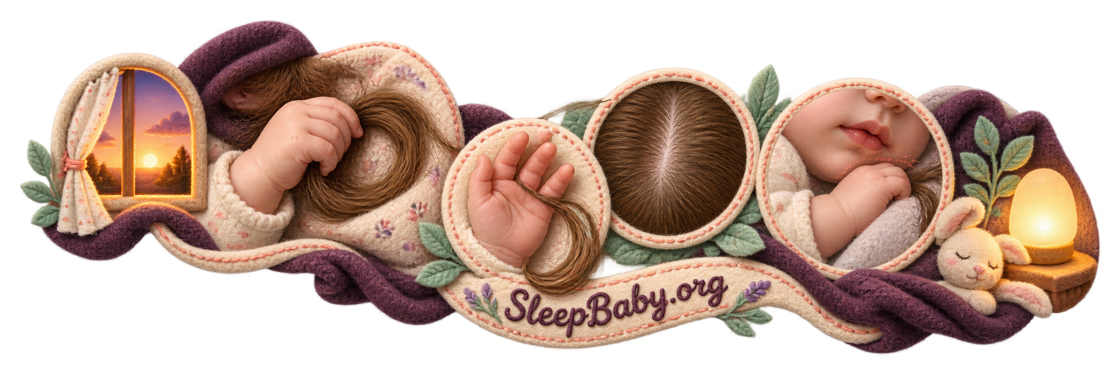 Transparent textile rail connects evening light, a baby hand in hair, an open grip, a clean scalp, a mouth boundary, and a nightlight.