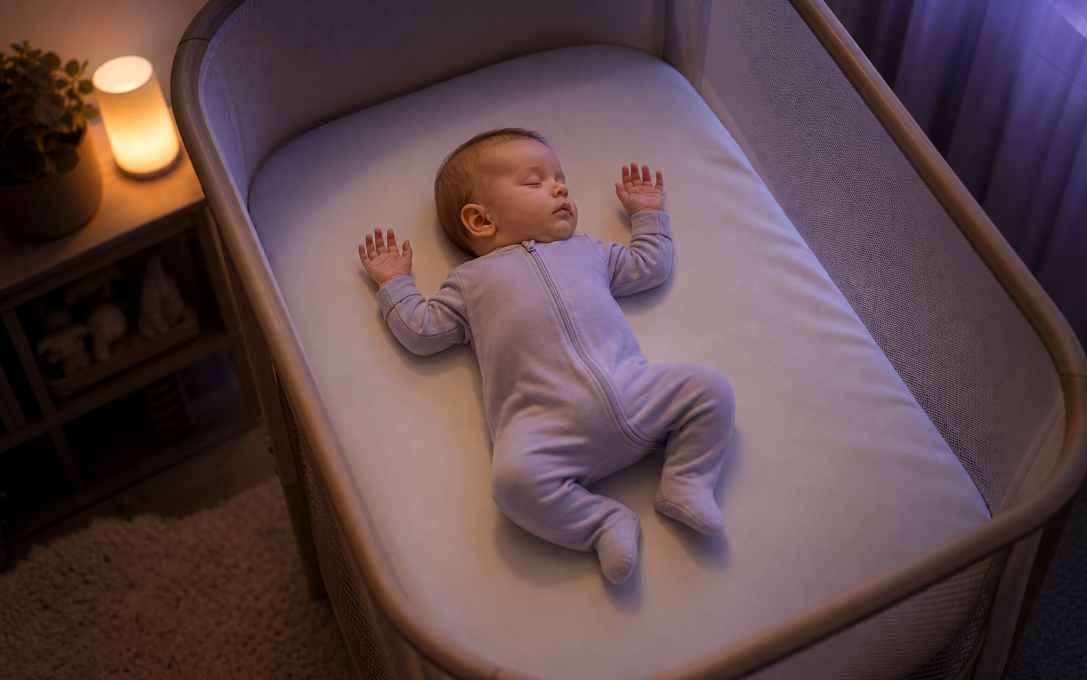 Sleeping baby on their back in a bare bassinet with both relaxed hands raised beside the head