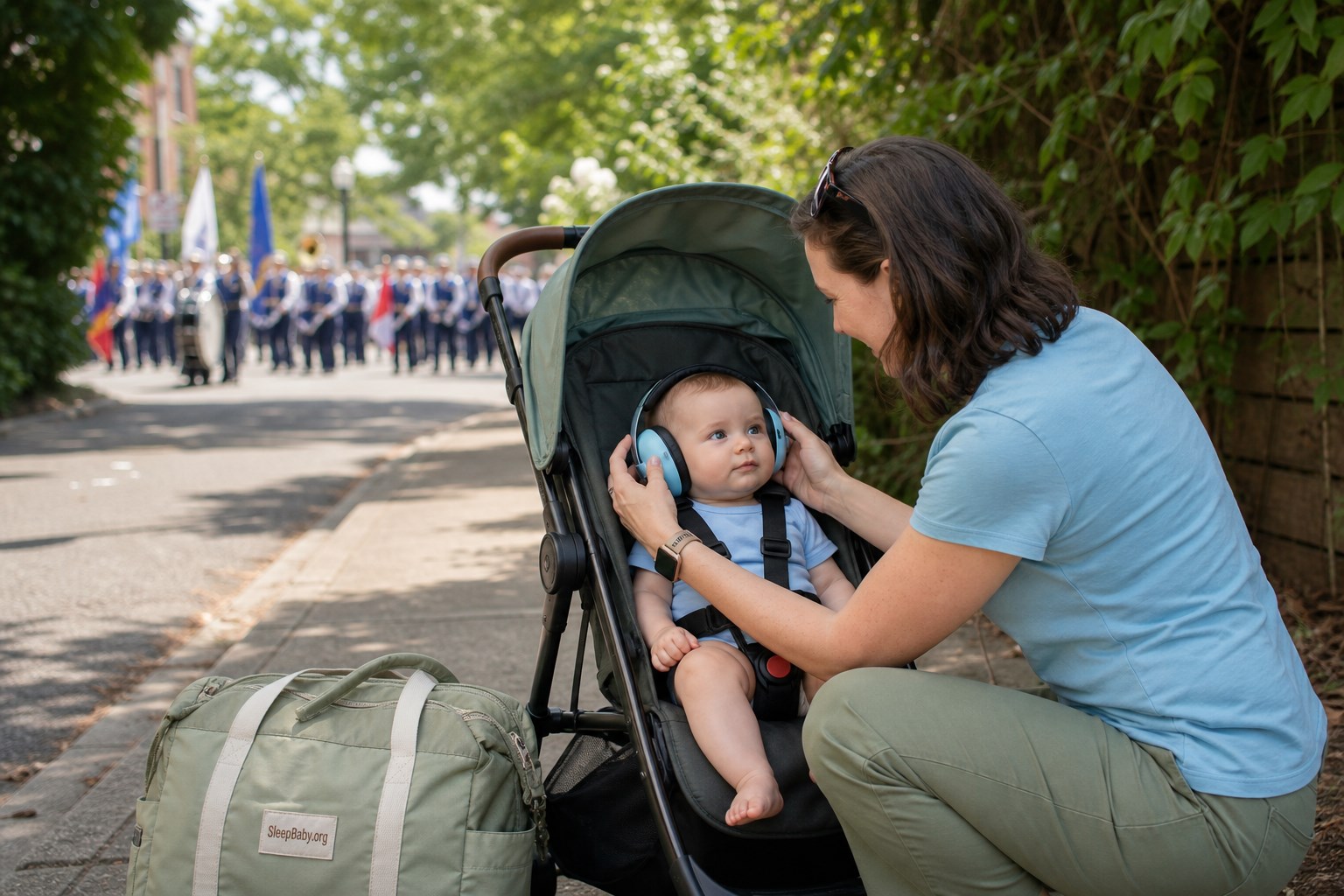 Caregiver checks over-ear hearing protection on an awake harnessed baby in a shaded stroller while the marching band remains far in the background.