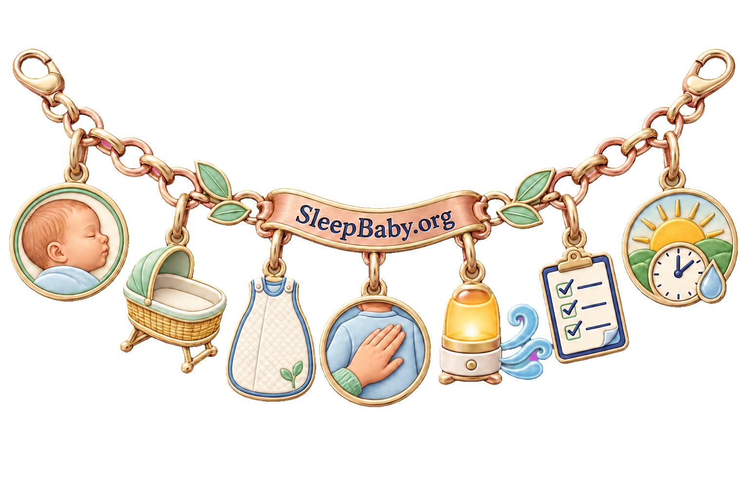 Jewelry charm ribbon showing an uncovered sleeping head, empty bassinet, light layer, trunk-check hand, nightlight, clinician plan, and morning recheck.