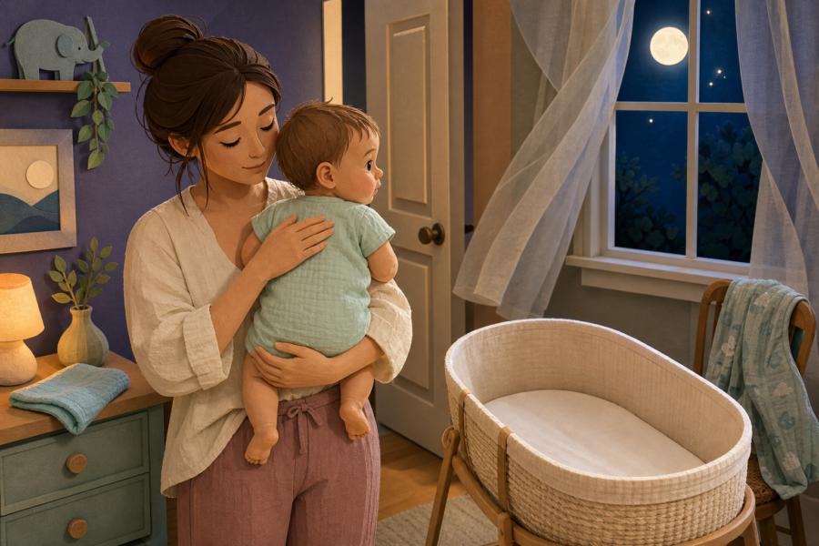 Caregiver checks an alert baby's upper back beside an empty bassinet after setting aside a heavier sleeper.
