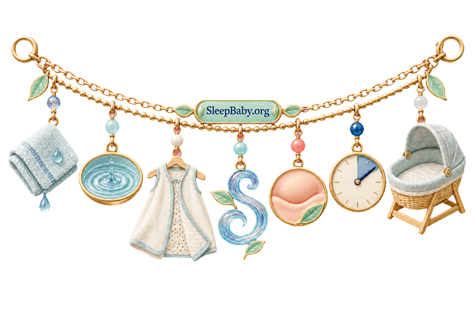 Jewelry charm ribbon showing a washcloth, bath ripple, cotton layer, airflow curl, dry fold, ten-minute clock, and empty bassinet.