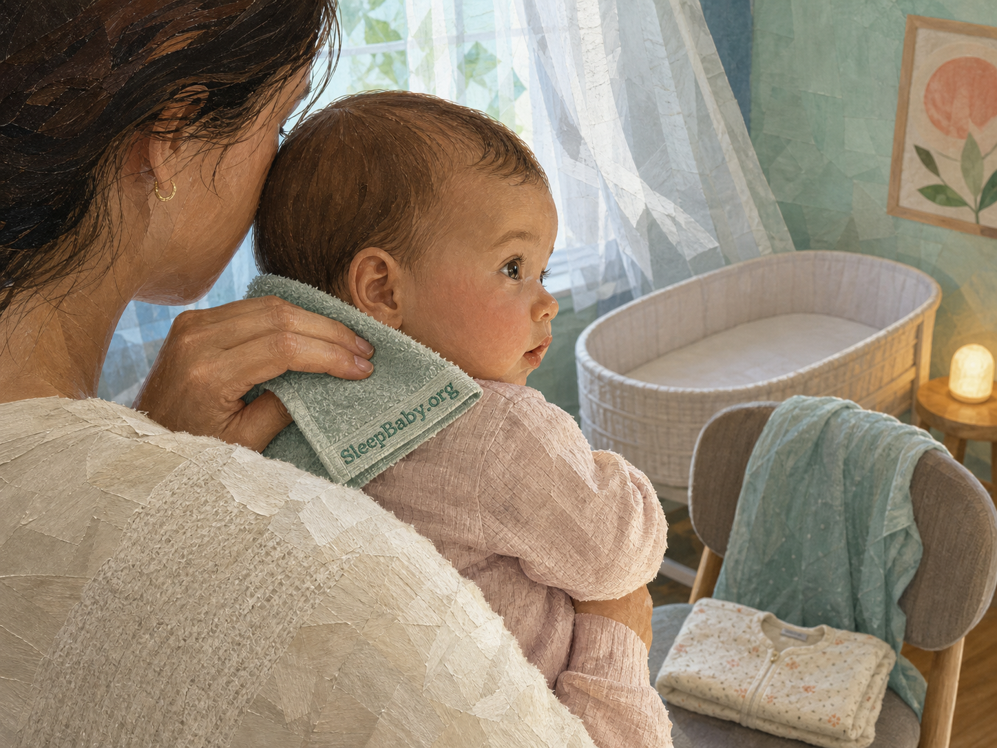 A cool washcloth rests on an alert baby's upper back after one damp layer is removed beside an empty bassinet.