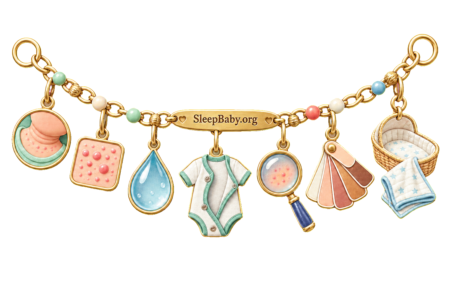 Jewelry charm ribbon showing a neck fold, tiny bump cluster, sweat bead, onesie seam, magnifier, skin-tone swatches, and empty bassinet.