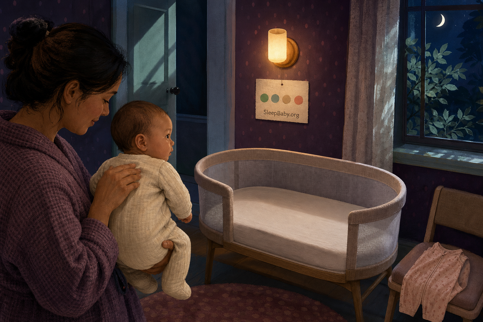 A caregiver checks a calm baby's upper back beside an empty firm bassinet and a lighter sleep layer at night.