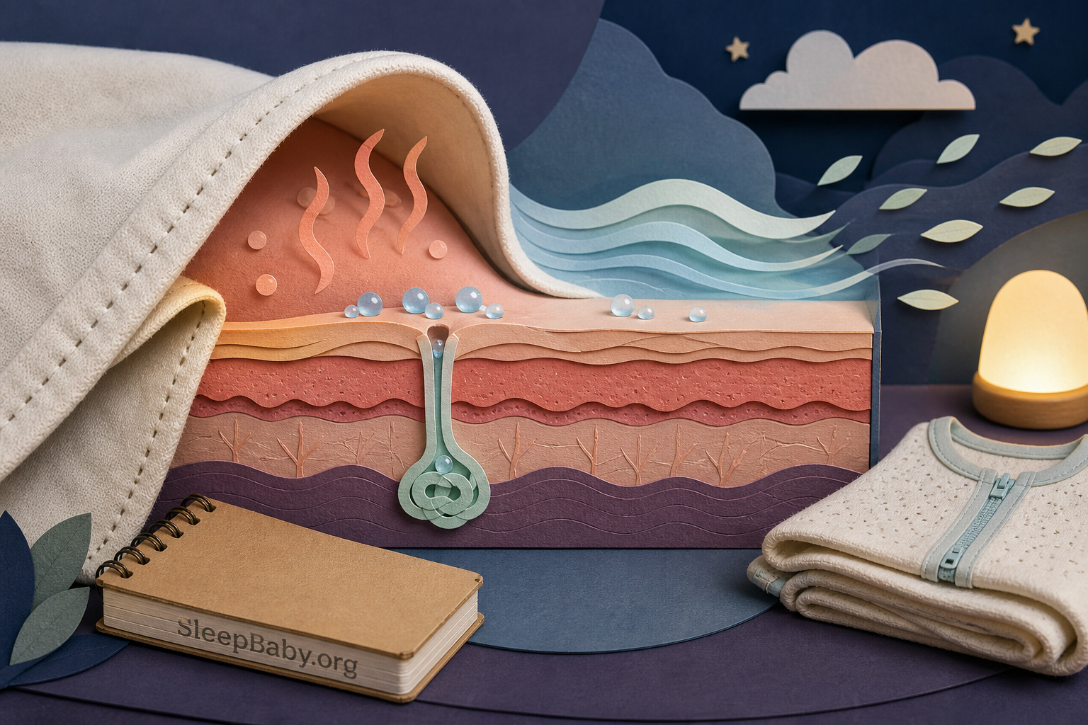 A paper-cut skin cross-section shows superficial trapped sweat easing with cooler airflow beside a folded light sleep garment.