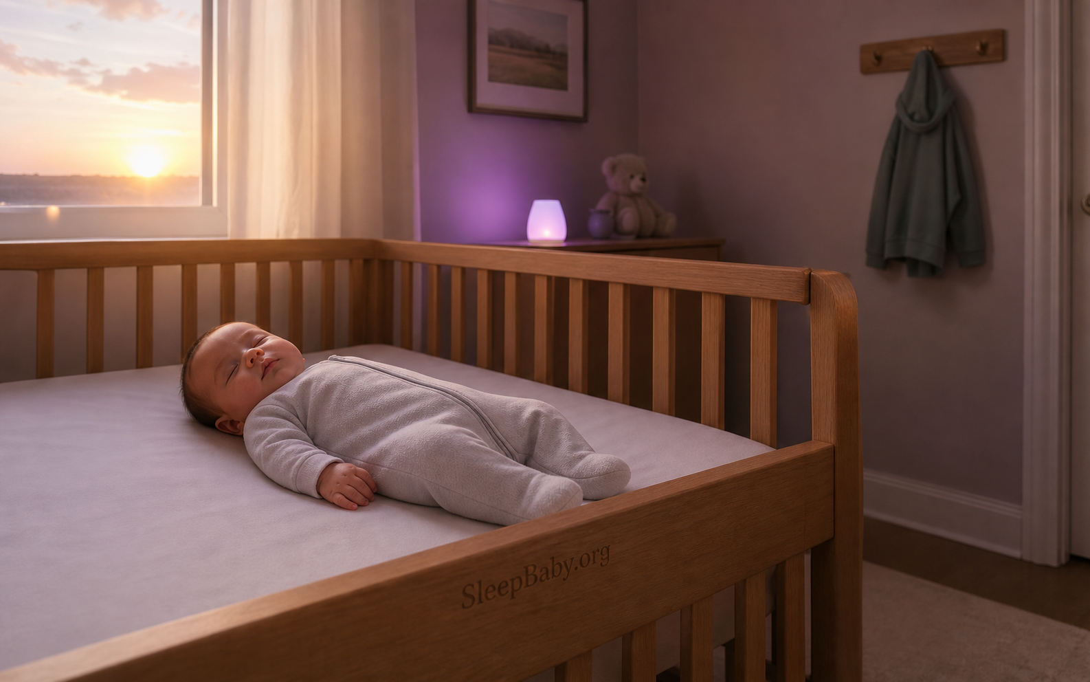 Baby sleeps on a bare mattress while a hoodie hangs well outside the crib at dawn.