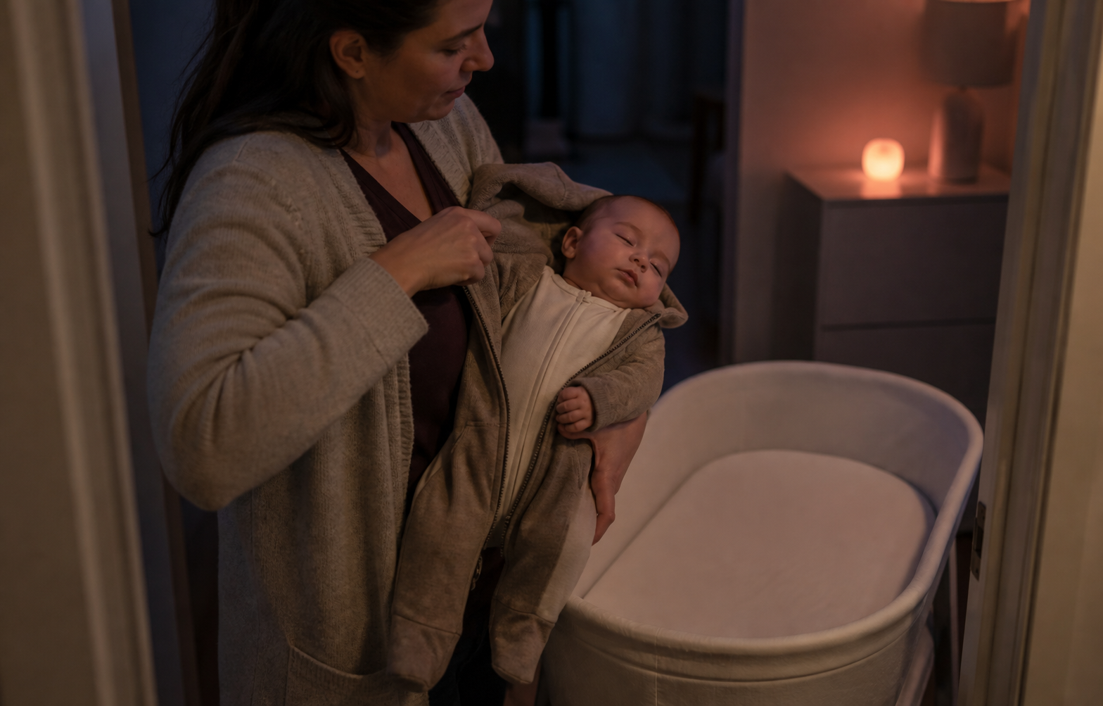 A caregiver unzips a hooded layer from a drowsy baby beside an empty bassinet.