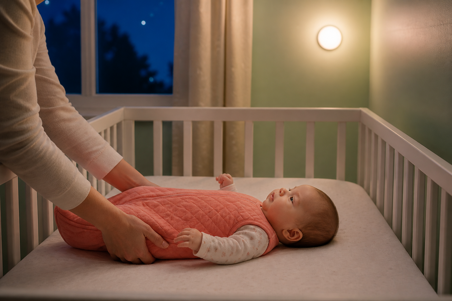 A caregiver gently withdraws their hands after placing an awake baby on their back in a bare crib at bedtime.