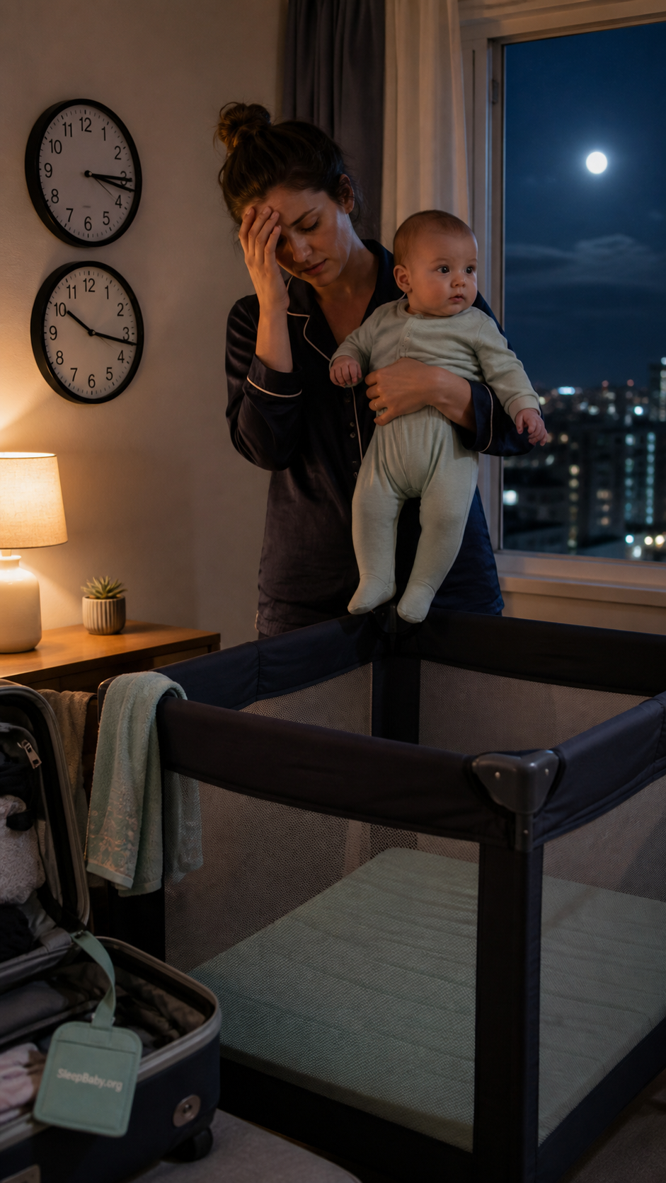 An exhausted parent holds an alert baby at night beside two disagreeing clocks, travel luggage, and an empty portable crib.