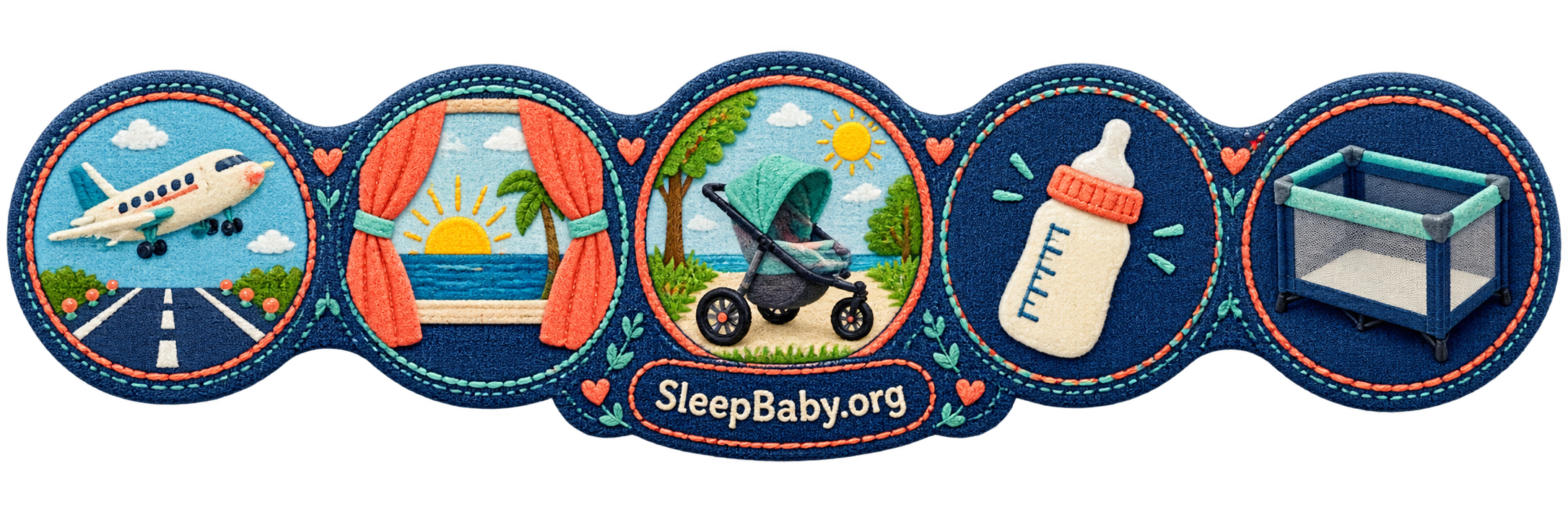 A stitched time-zone reset rail shows arrival, local sunrise, stroller daylight, feeding, and an empty portable crib.