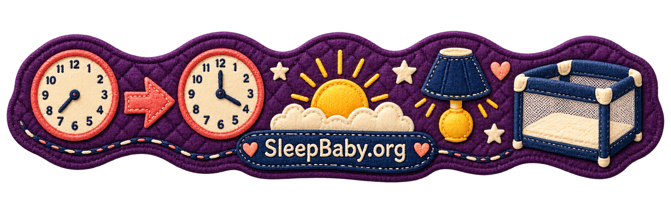 A stitched time-zone reset rail brings origin and destination clocks together beside sunrise, bedtime light, and an empty portable crib.