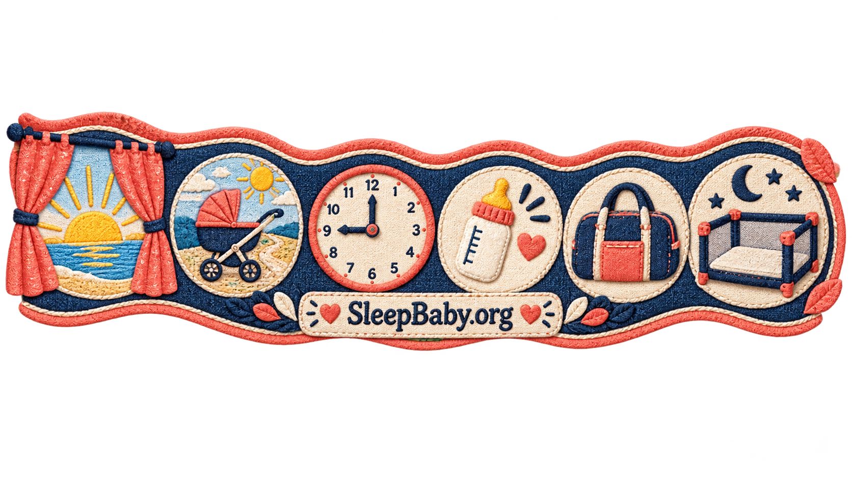A stitched time-zone reset rail links local sunrise, stroller daylight, destination time, feeding, travel, and an empty portable crib.