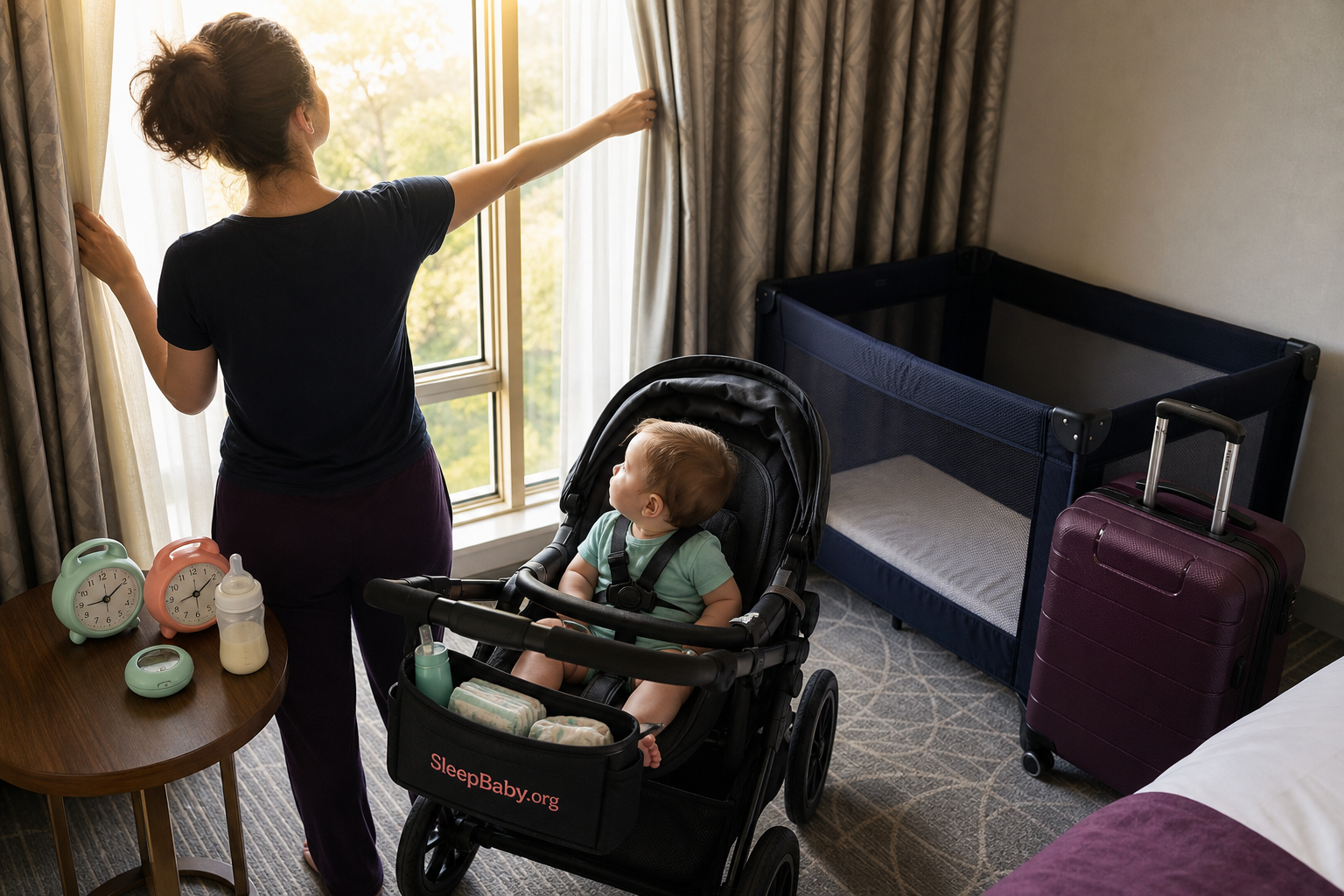 A parent opens hotel curtains to local morning light while an awake baby sits safely in a stroller near two travel clocks and an empty portable crib.