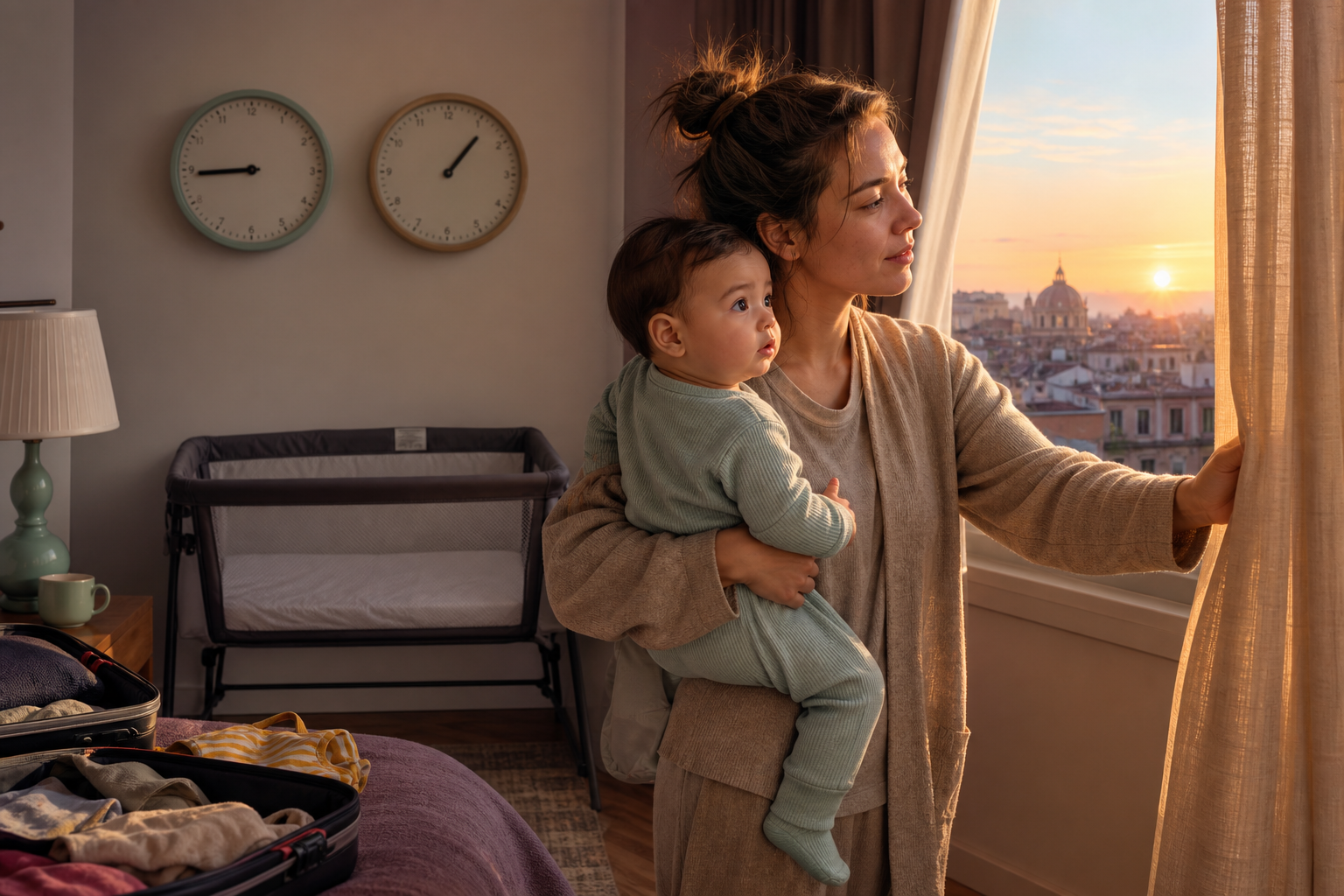 A caregiver opens travel-room curtains at sunrise while holding an awake baby beside two clocks, luggage, and an empty portable crib.