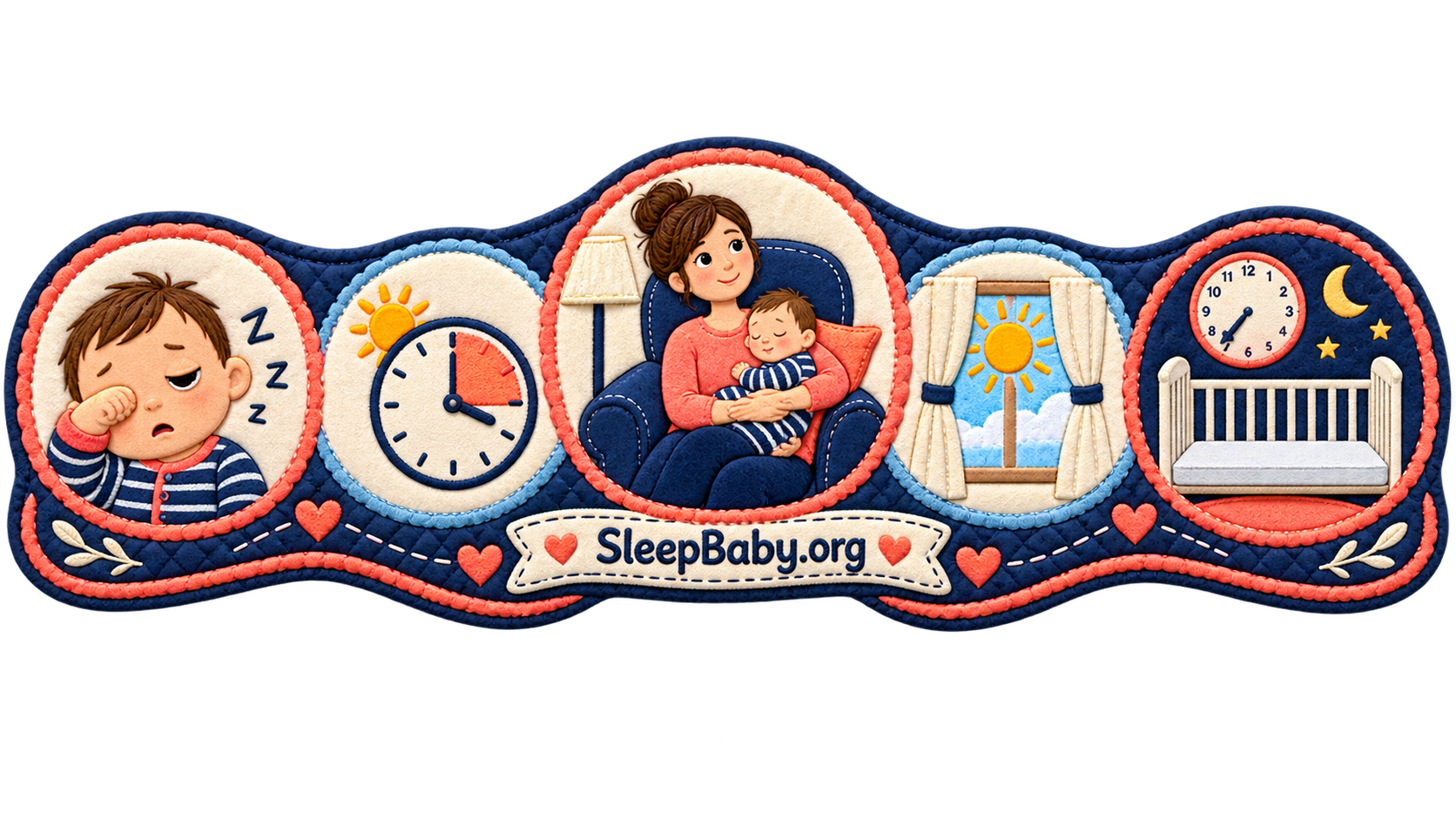 A quilted time-zone reset rail balances a tired cue, short nap, awake caregiver contact nap, daylight, and an empty crib.