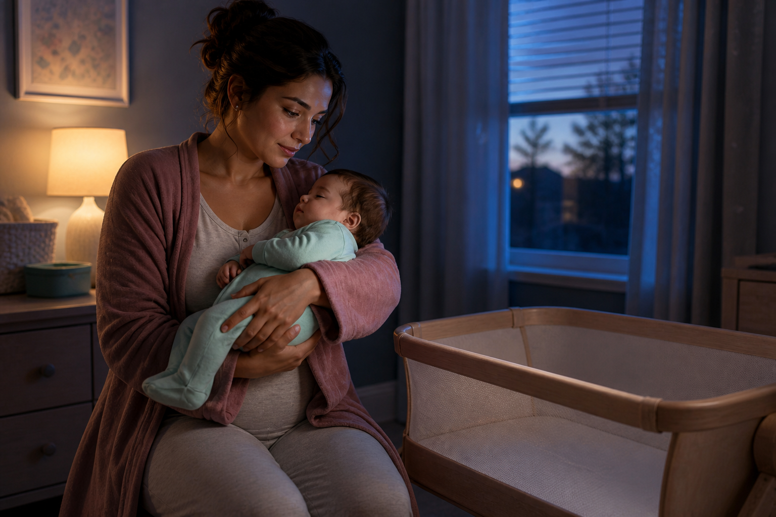 An awake caregiver cradles a sleepy baby beside an empty bare bedside bassinet at blue hour.