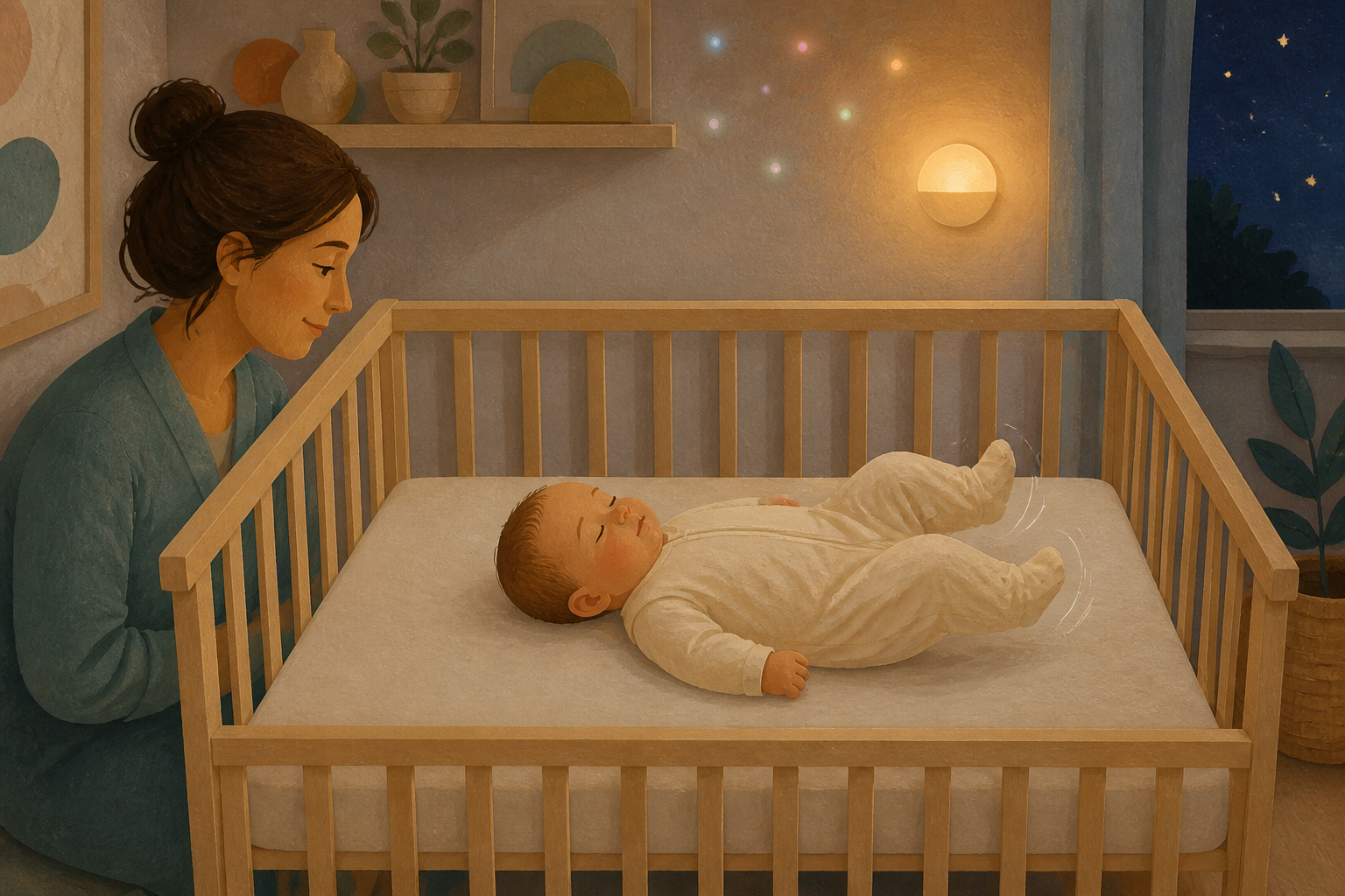 A baby sleeps on their back in a bare crib with covered legs raised while an attentive caregiver watches nearby.