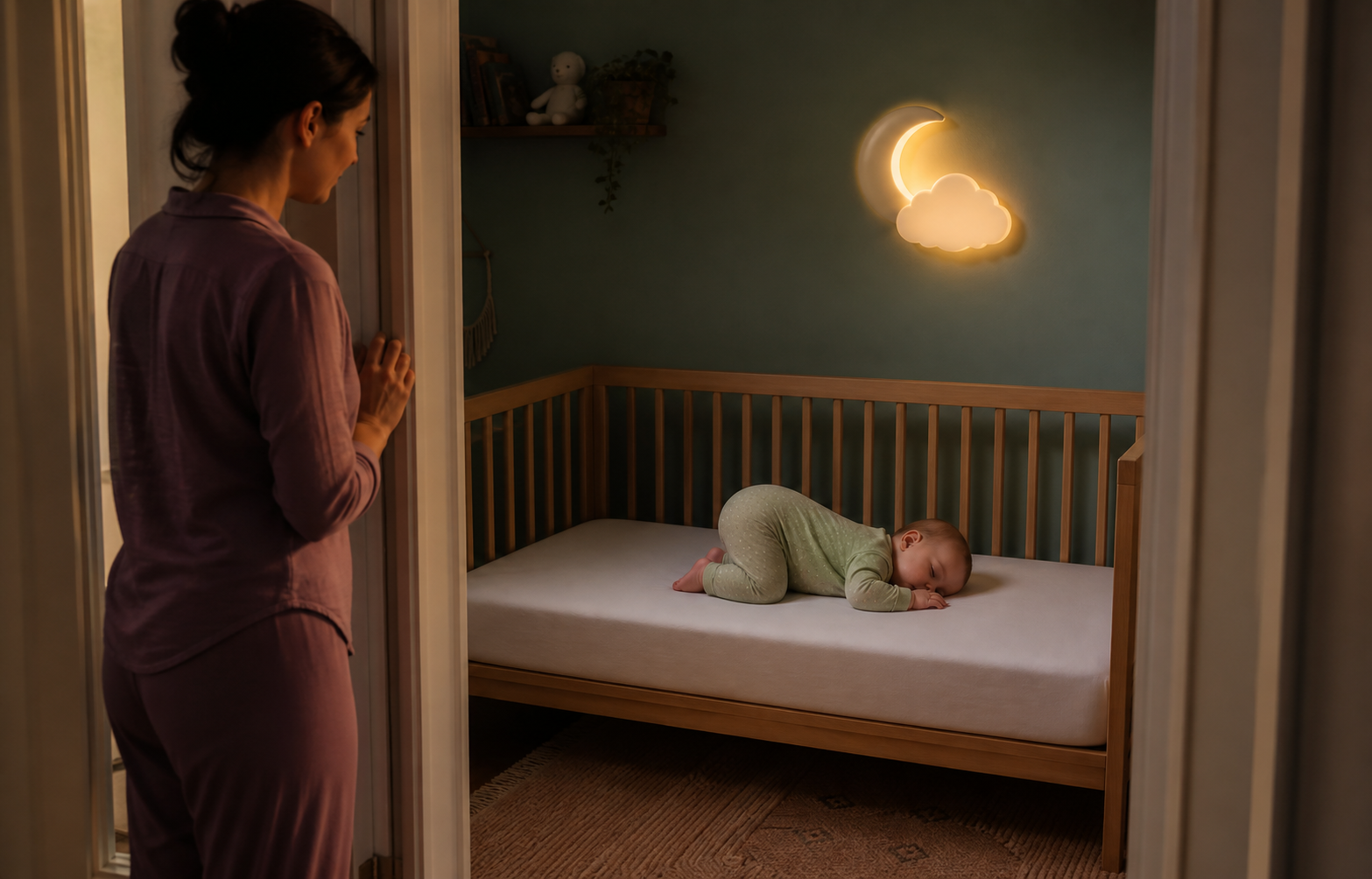 Mobile baby resting in a knees-tucked position in a bare crib while a caregiver observes from the doorway