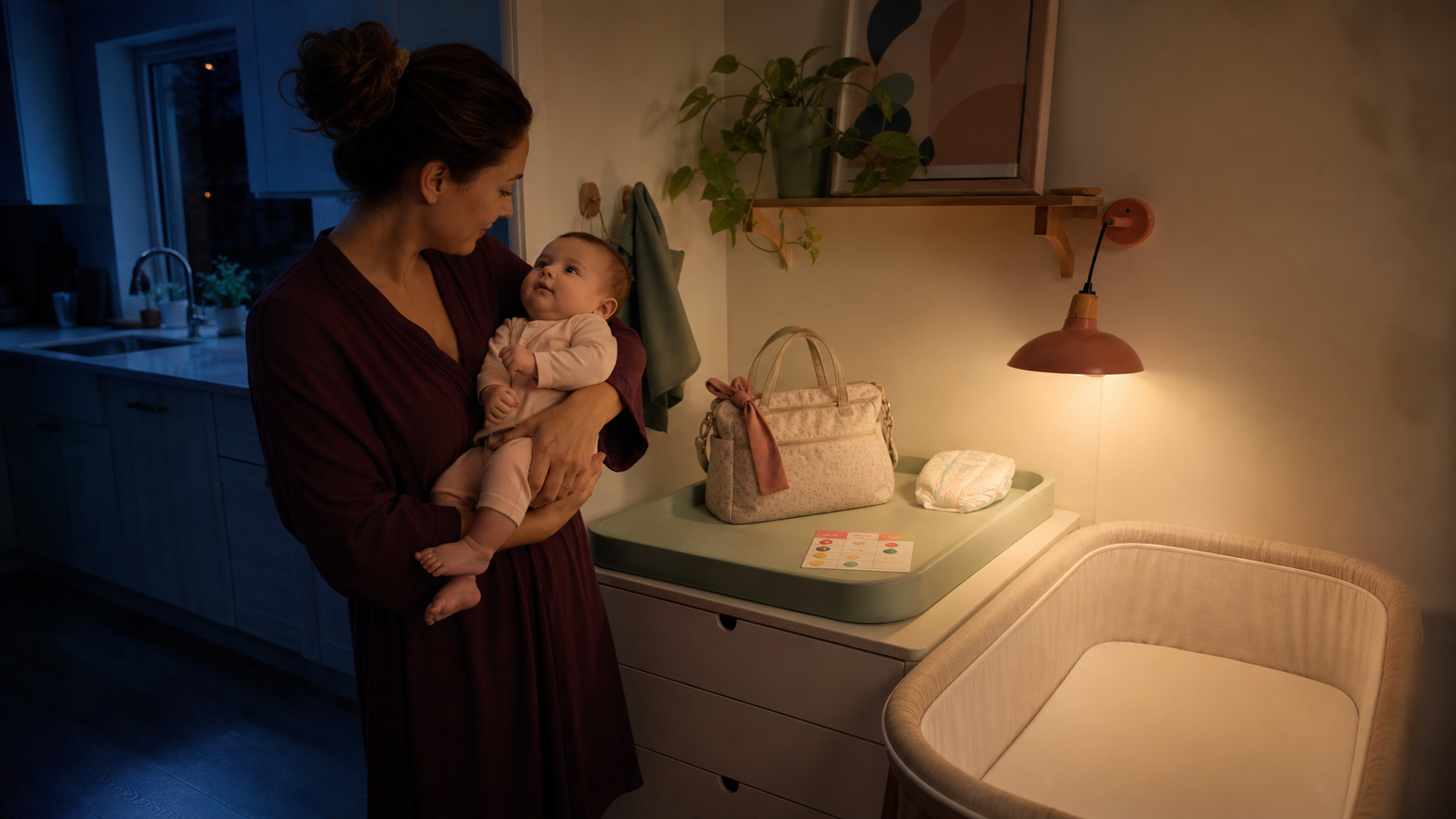 A caregiver holds an awake baby beside a wipe-clean changing station, observation card, warm nightlight, and empty bassinet.