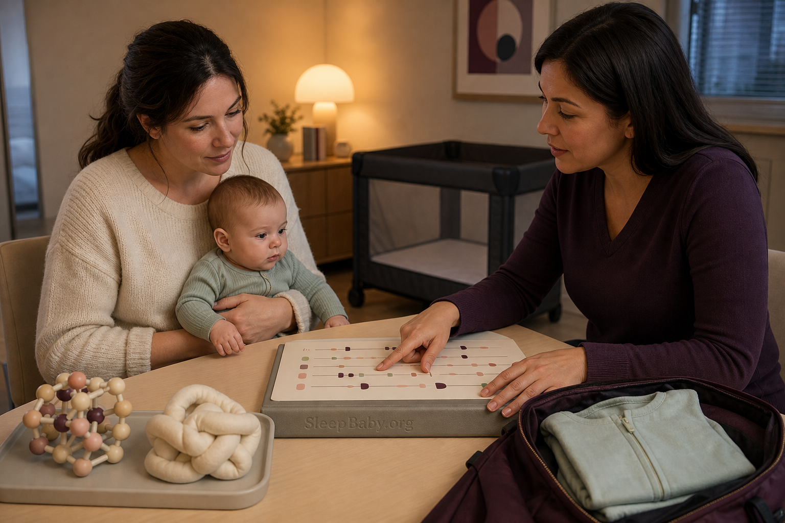 A parent and pediatric clinician review a feeding and symptom timeline while an awake baby is supported beside an empty portable crib.