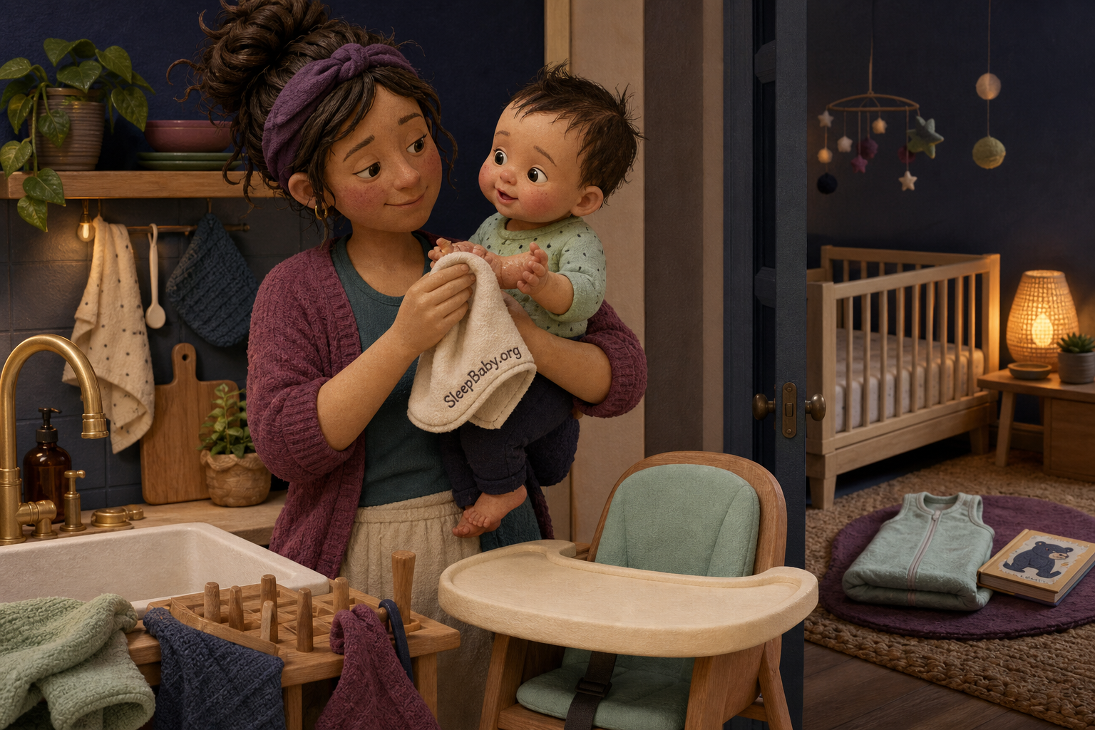 Caregiver cleans an awake baby's hands beside a cleared high chair before the usual bedtime wind-down.