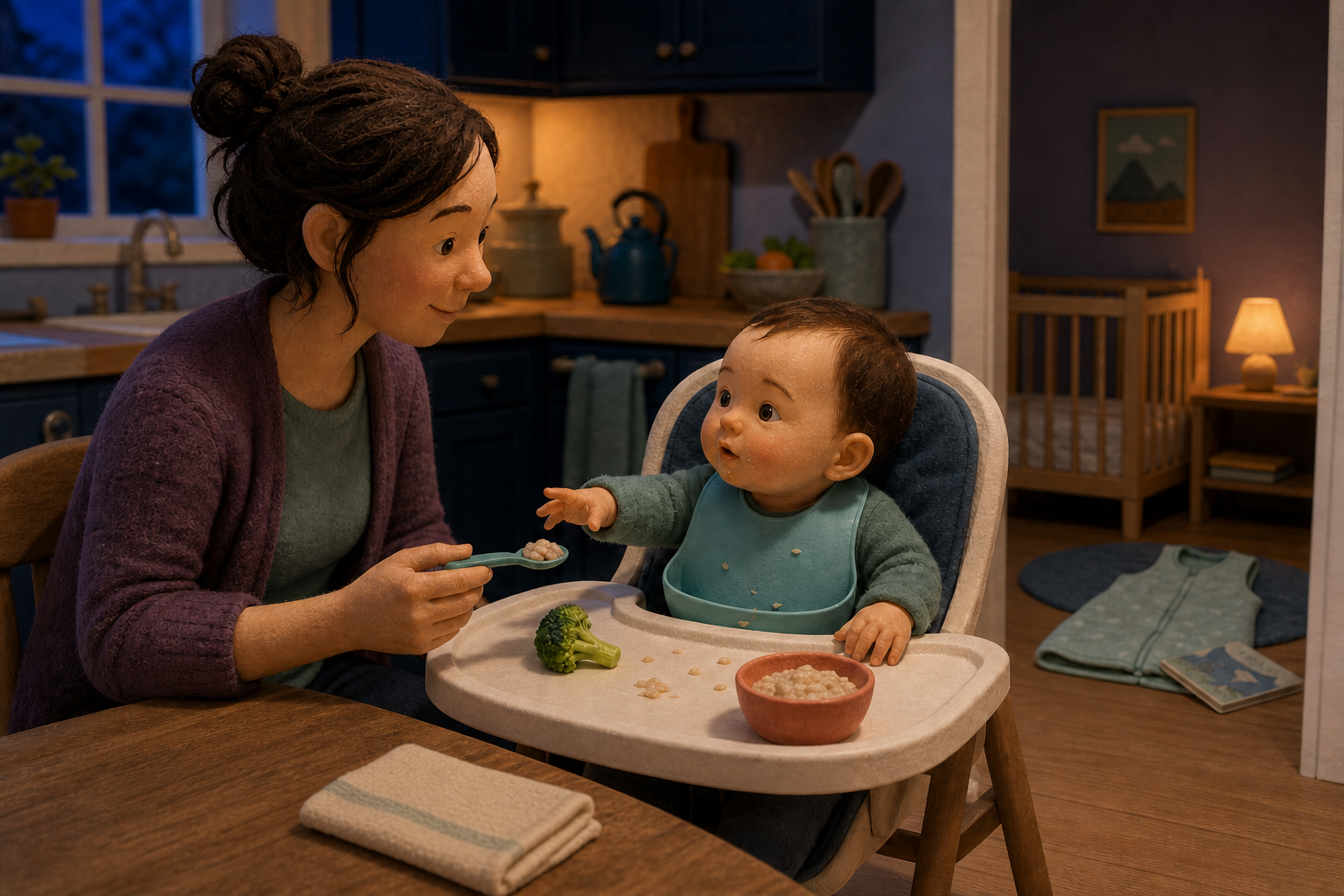 Alert upright baby reaches for soft broccoli and a loaded oatmeal spoon as a caregiver supervises in a blue-hour kitchen