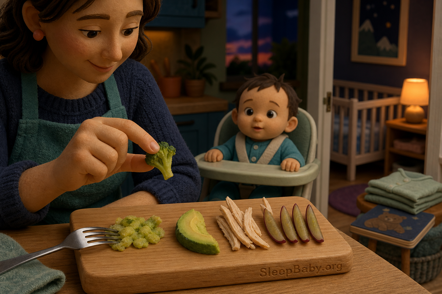 Caregiver squishes steamed broccoli and checks safe food shapes while an upright baby waits nearby.