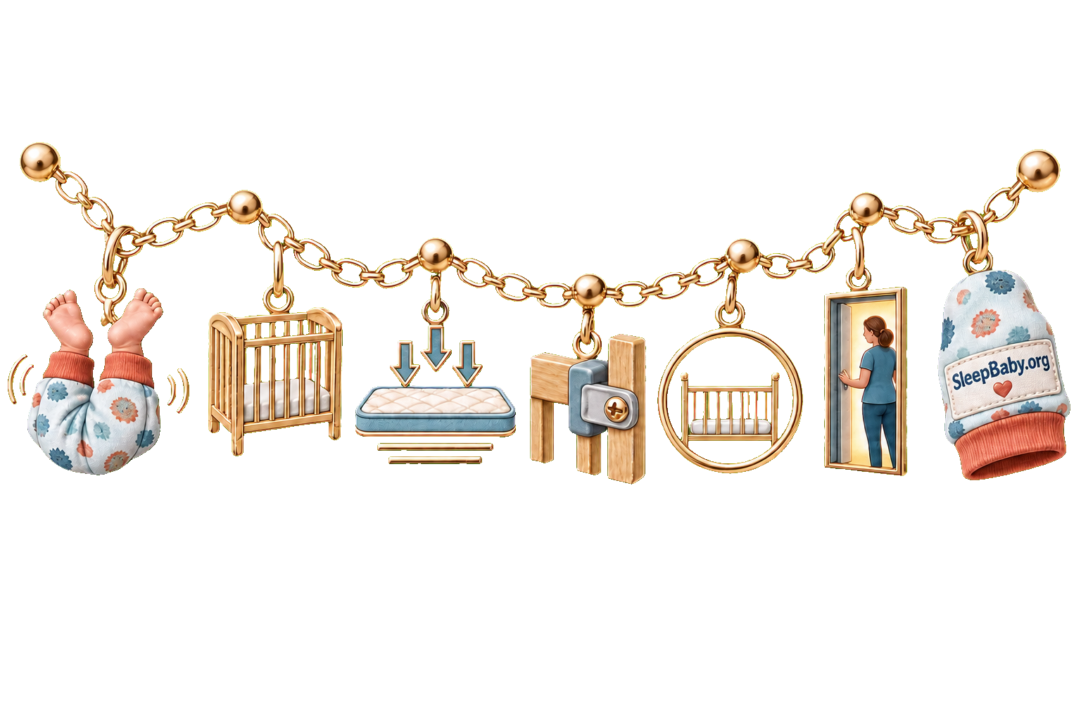 A gold safety strand joins covered raised legs, an empty crib, firm mattress, secure fastener, open ring, watching caregiver, and branded cuff.