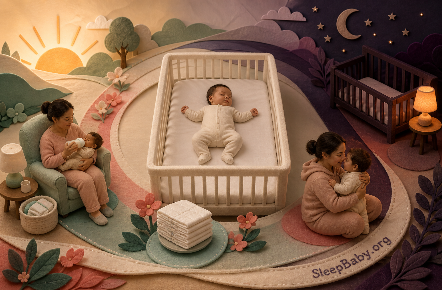 Day-to-night tableau places a long nap among feeding, diapers and awake behavior.