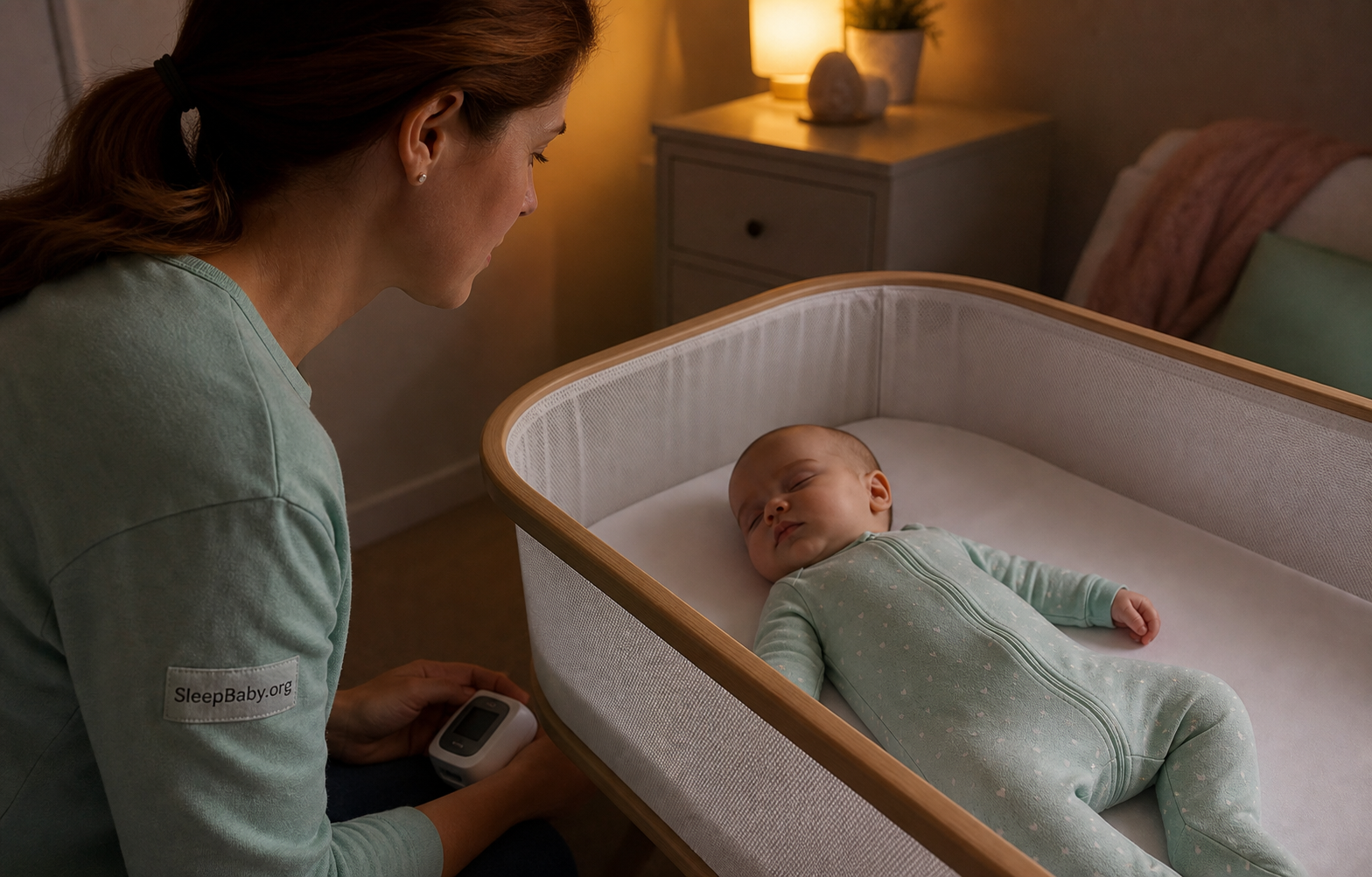 Caregiver observes breathing and color beside a safely sleeping baby.