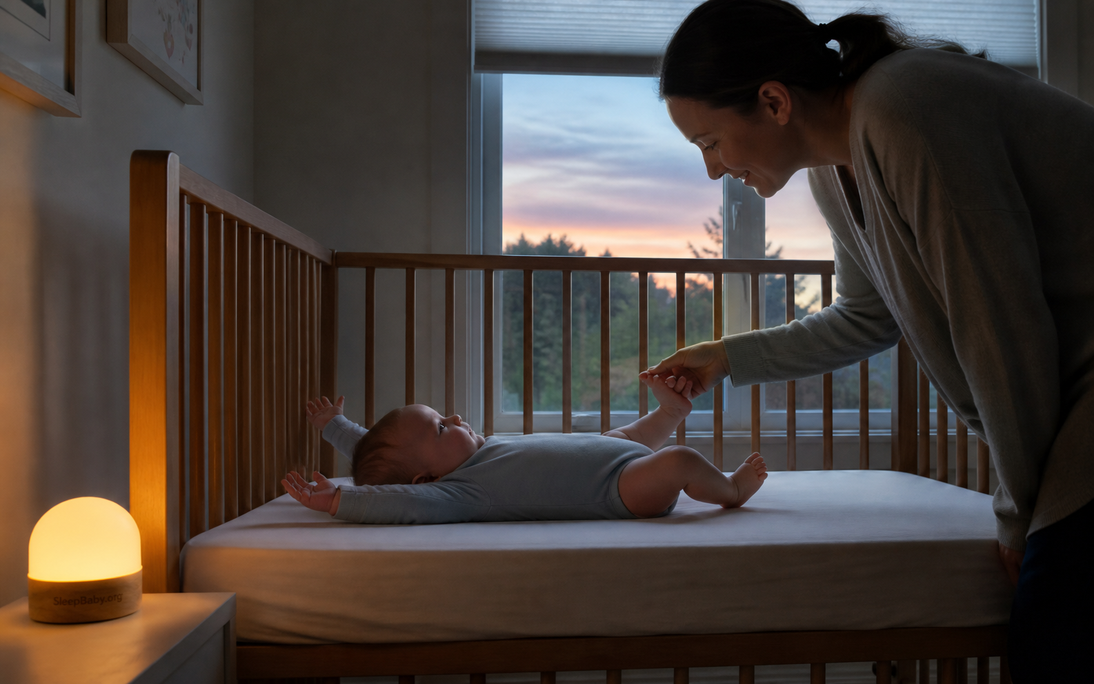 Baby stretches awake as a caregiver gently touches one foot beside the crib.