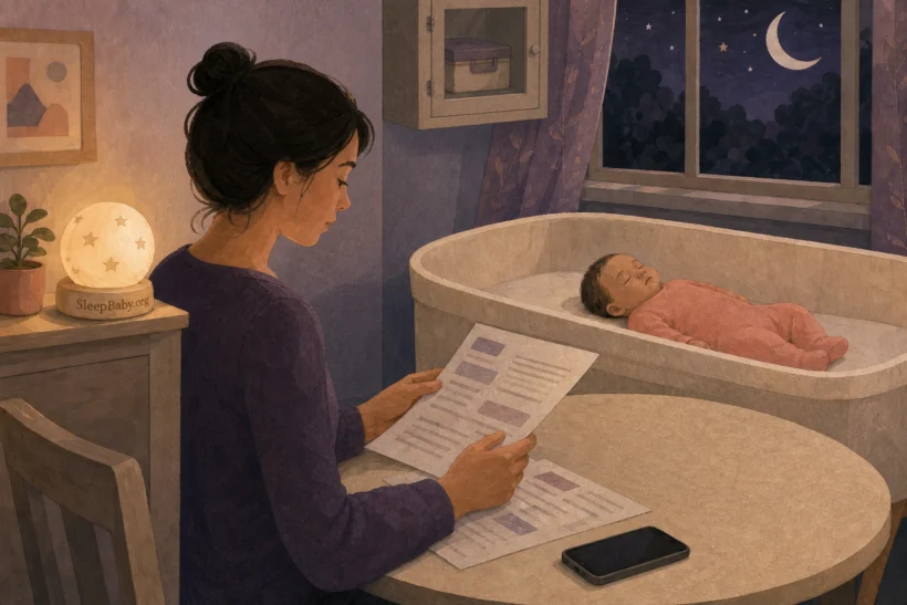 An awake caregiver reviews the clinician's written plan while a baby sleeps on the back in a bare bassinet.