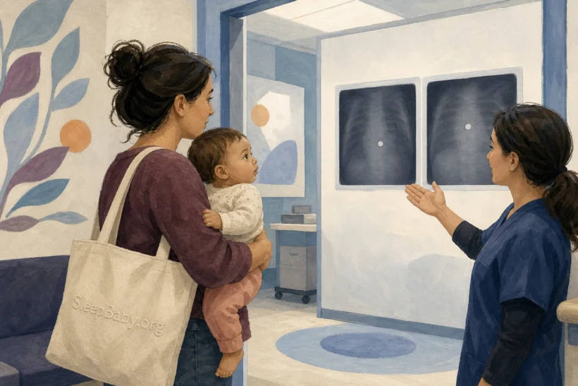 A clinician explains two simplified imaging views to a caregiver holding an awake baby at the imaging-room threshold.