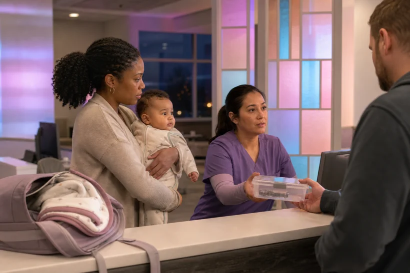 A caregiver holds an awake baby in a sleep sack at pediatric triage while a nurse receives a sealed container holding the suspected magnetic toy.