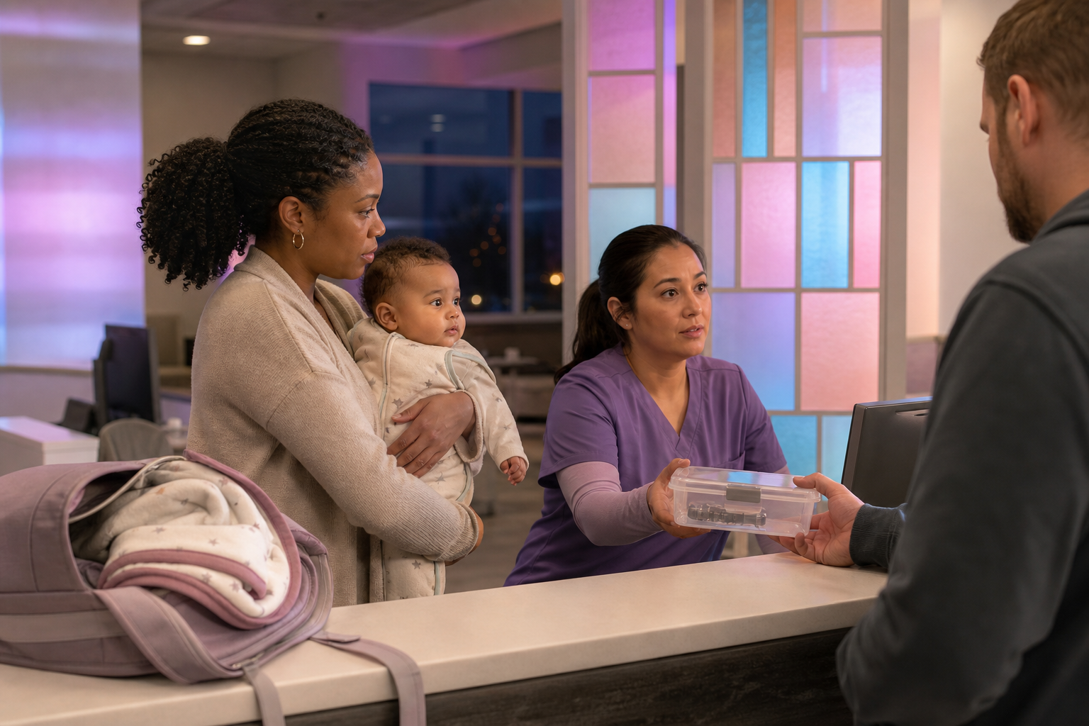 A caregiver holds an awake baby in a sleep sack at pediatric triage while a nurse receives a sealed container holding the suspected magnetic toy.
