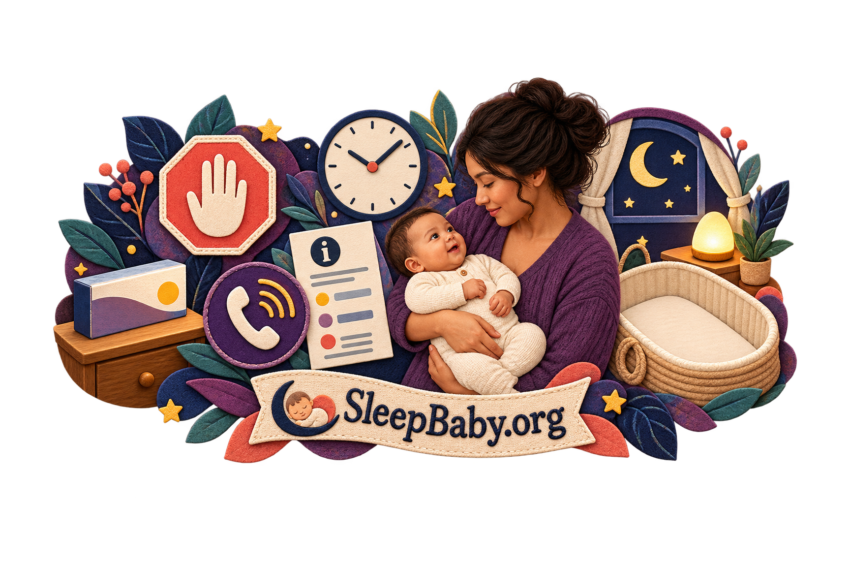 A SleepBaby.org teaching rail shows a stop hand, phone, clock, closed package, information panel, awake baby in caregiver arms, warm lamp, and empty bassinet.