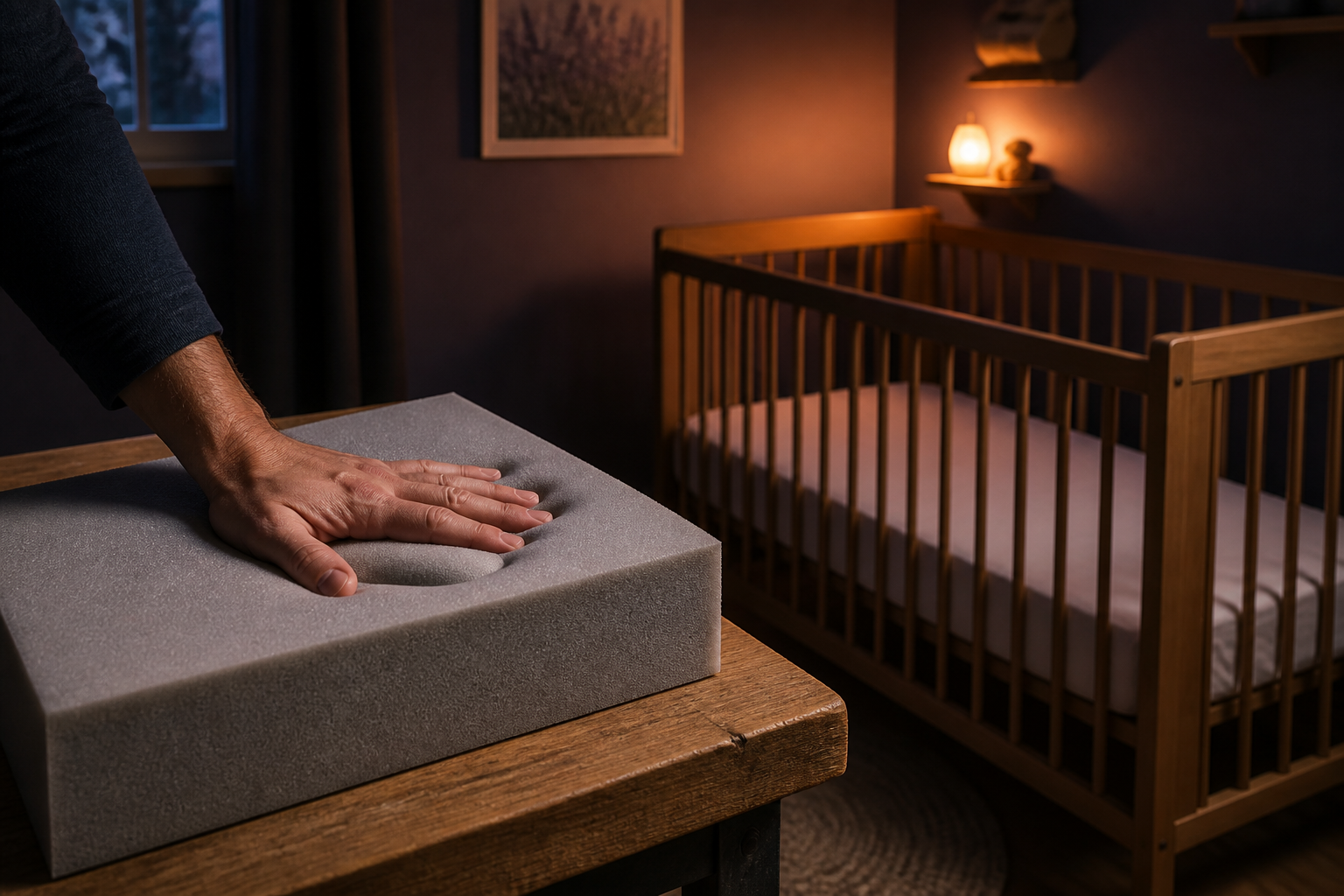 A hand leaves a deep impression in a memory-foam sample beside an empty firm crib
