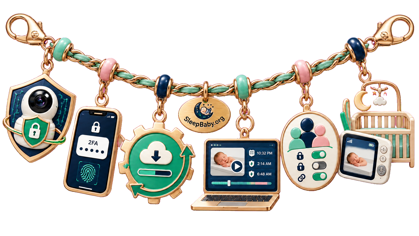 Baby monitor lockdown charms for camera shielding, two-factor access, updates, session review, caregiver controls, and a safe empty crib.