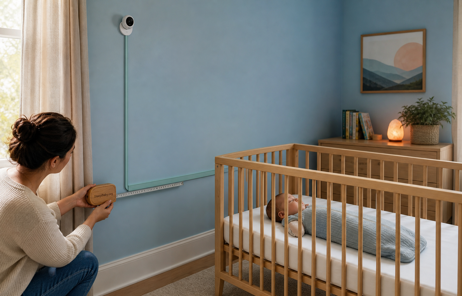 A caregiver measures a wall-mounted monitor cord routed away from a back-sleeping baby in an empty crib